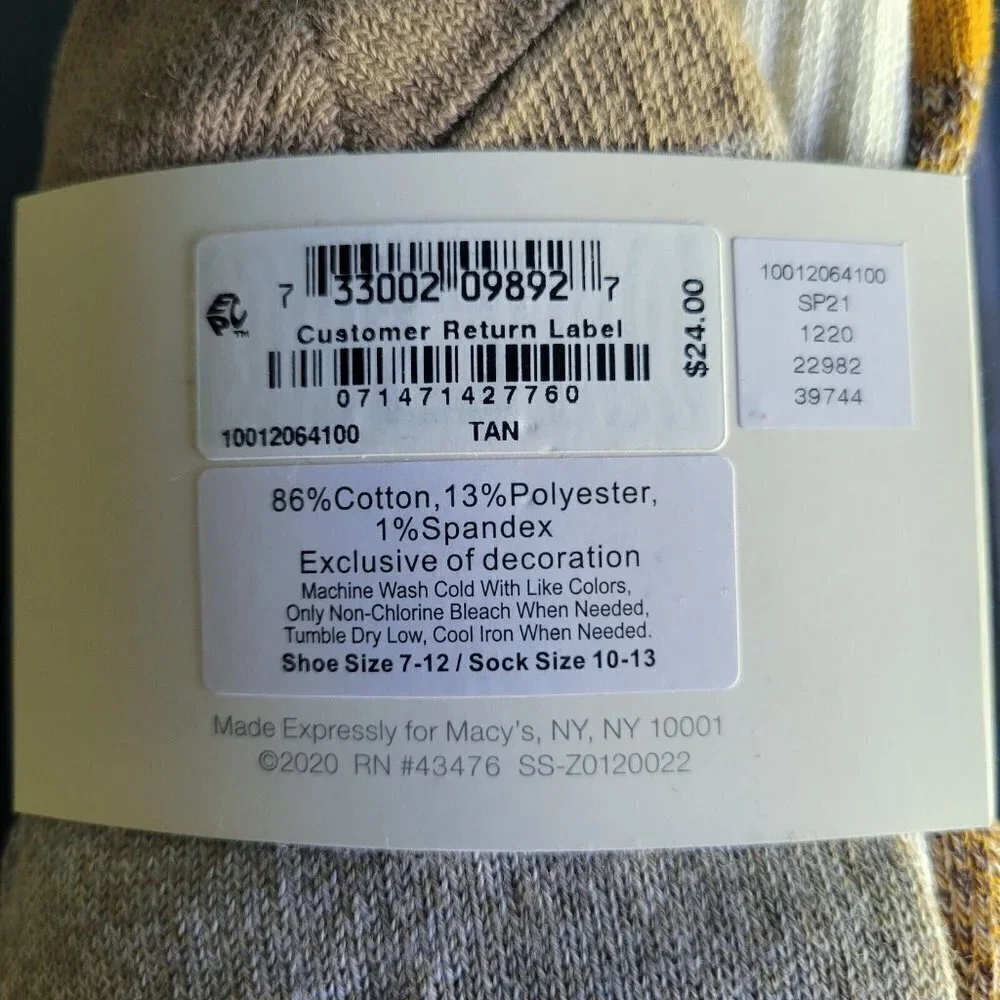 MEN'S Sun Stone 4-Pack Socks.  One Size. Cotton/Spandex/Polyester.
